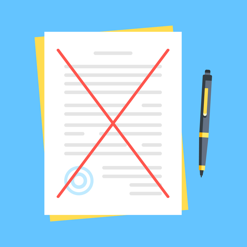 Crossed Out Document. Break Contract, Cancelling Agreement, Rejection Concepts. Modern Flat Design. Vector Illustration